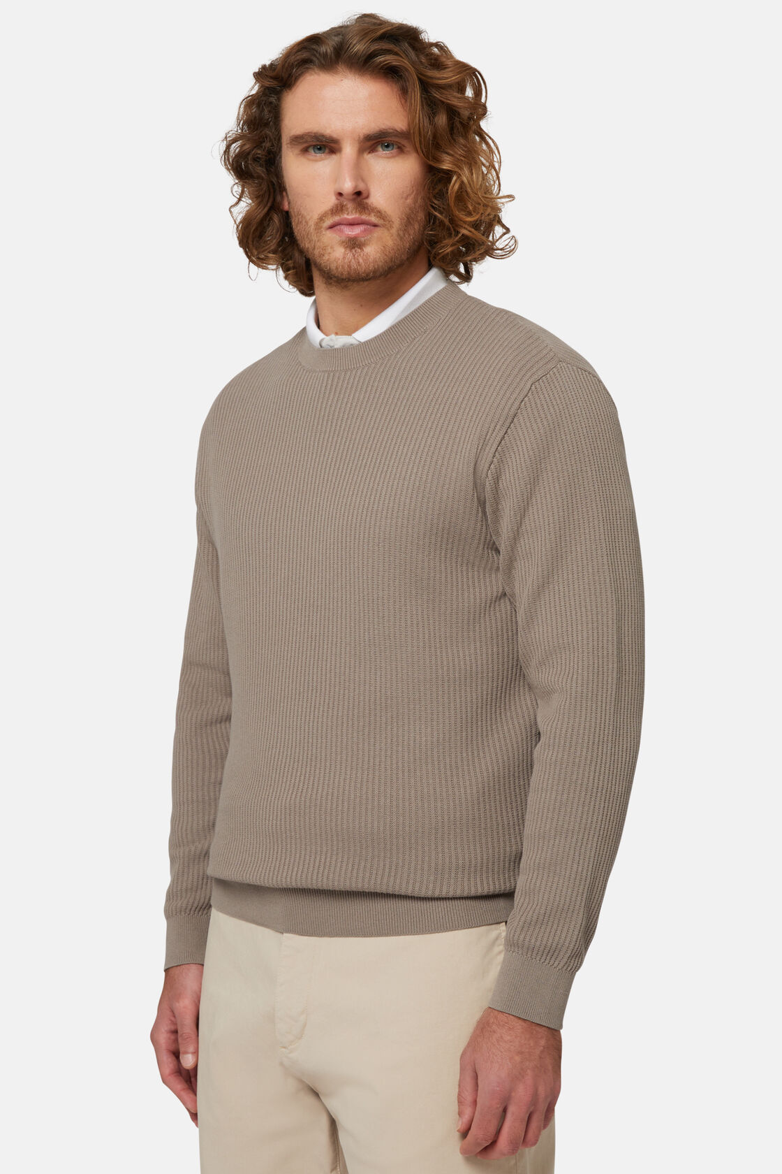 Βαμβακερό πουλόβερ με στρογγυλή λαιμόκοψη, σε γκρι ανοιχτό χρώμα, Taupe, hi-res