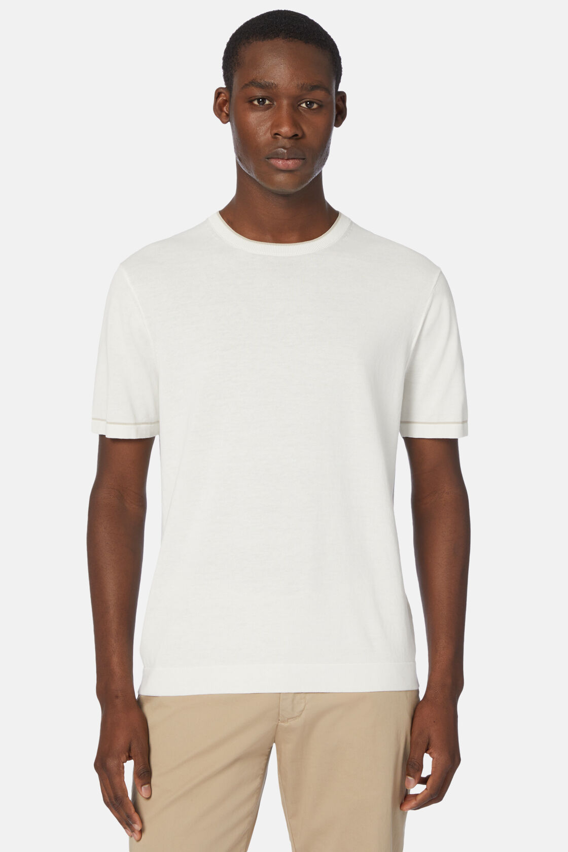 Weißes Strick-T-Shirt Aus Baumwollkrepp, Weiß, hi-res