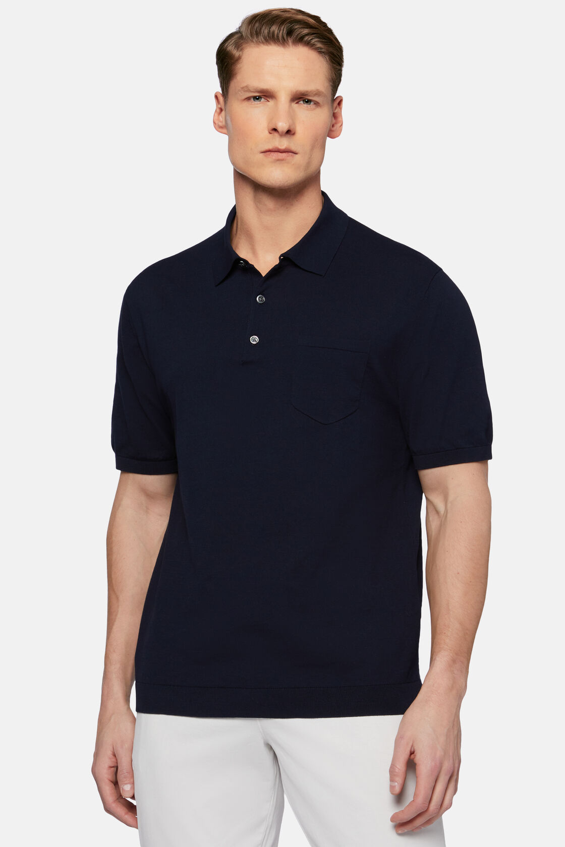 Granatowa koszulka polo z bawełnianej, dzianinowej krepy, Navy blue, hi-res