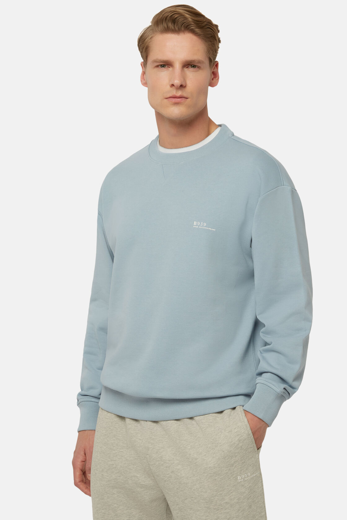 Recycled Cotton Blend Crew Neck Sweatshirt, Light Blu, hi-res