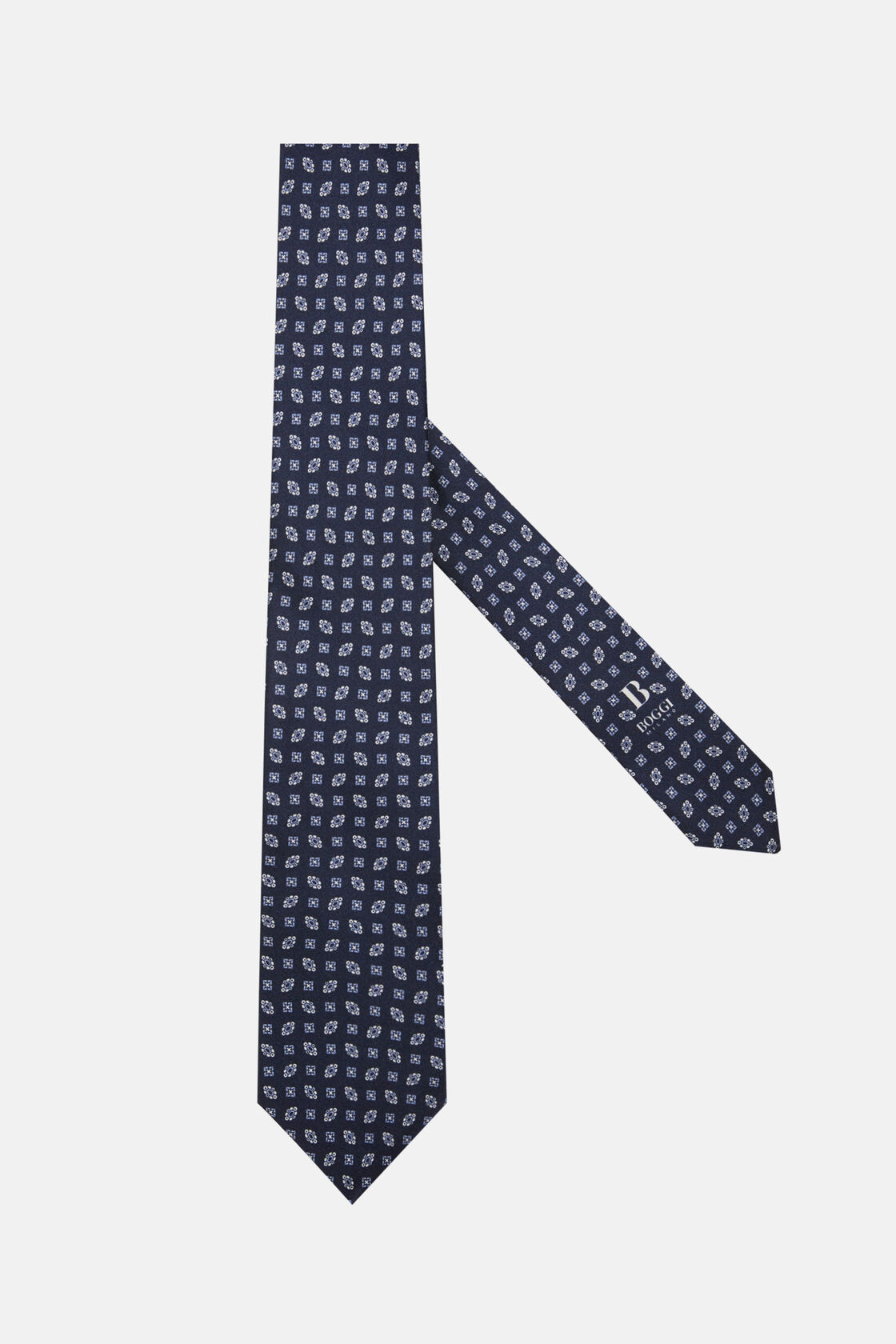 Geometric Patterned Silk Tie, Navy blue, hi-res