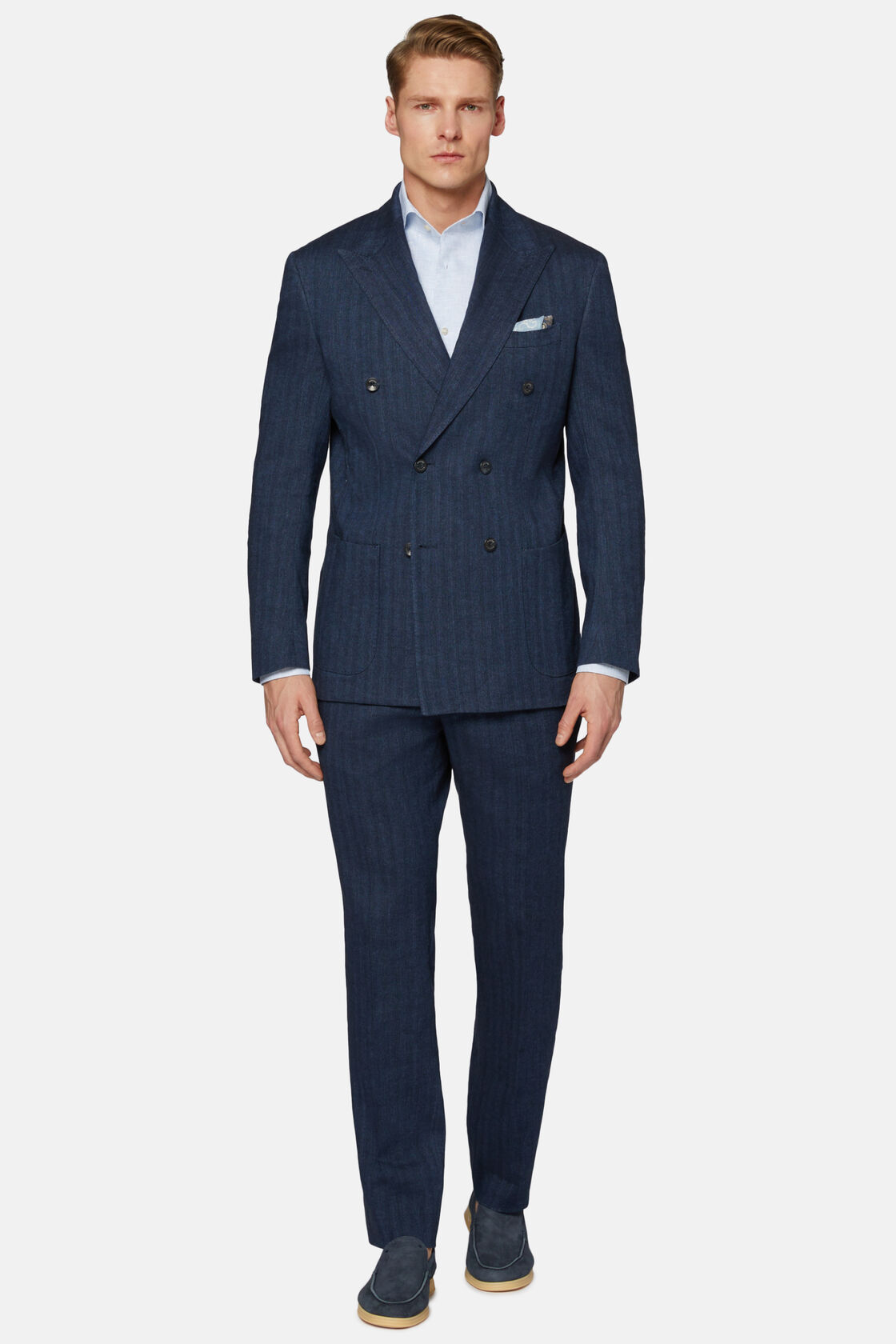 Navy Double-Breasted Suit In Cotton Linen, Navy blue, hi-res