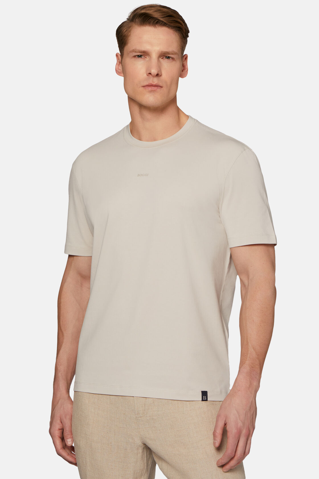 T-shirt in stretch supima katoen, Sand, hi-res