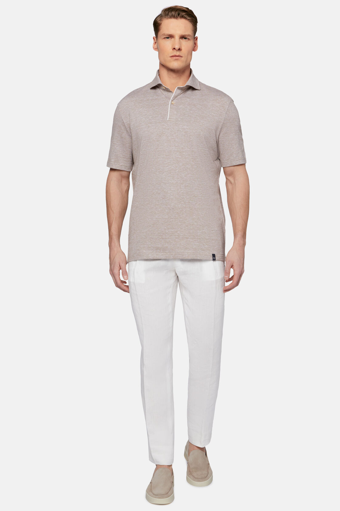 Cotton/Linen Piqué Polo Shirt, Beige, hi-res