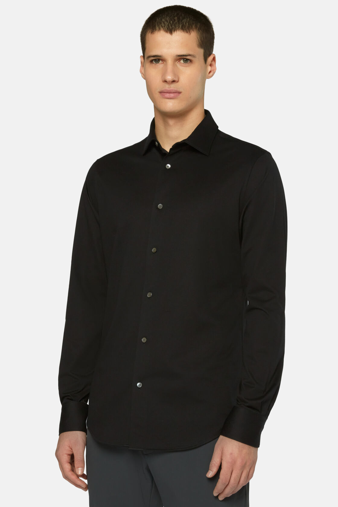 Slim Fit Black Shirt in Cotton and COOLMAX®, , hi-res