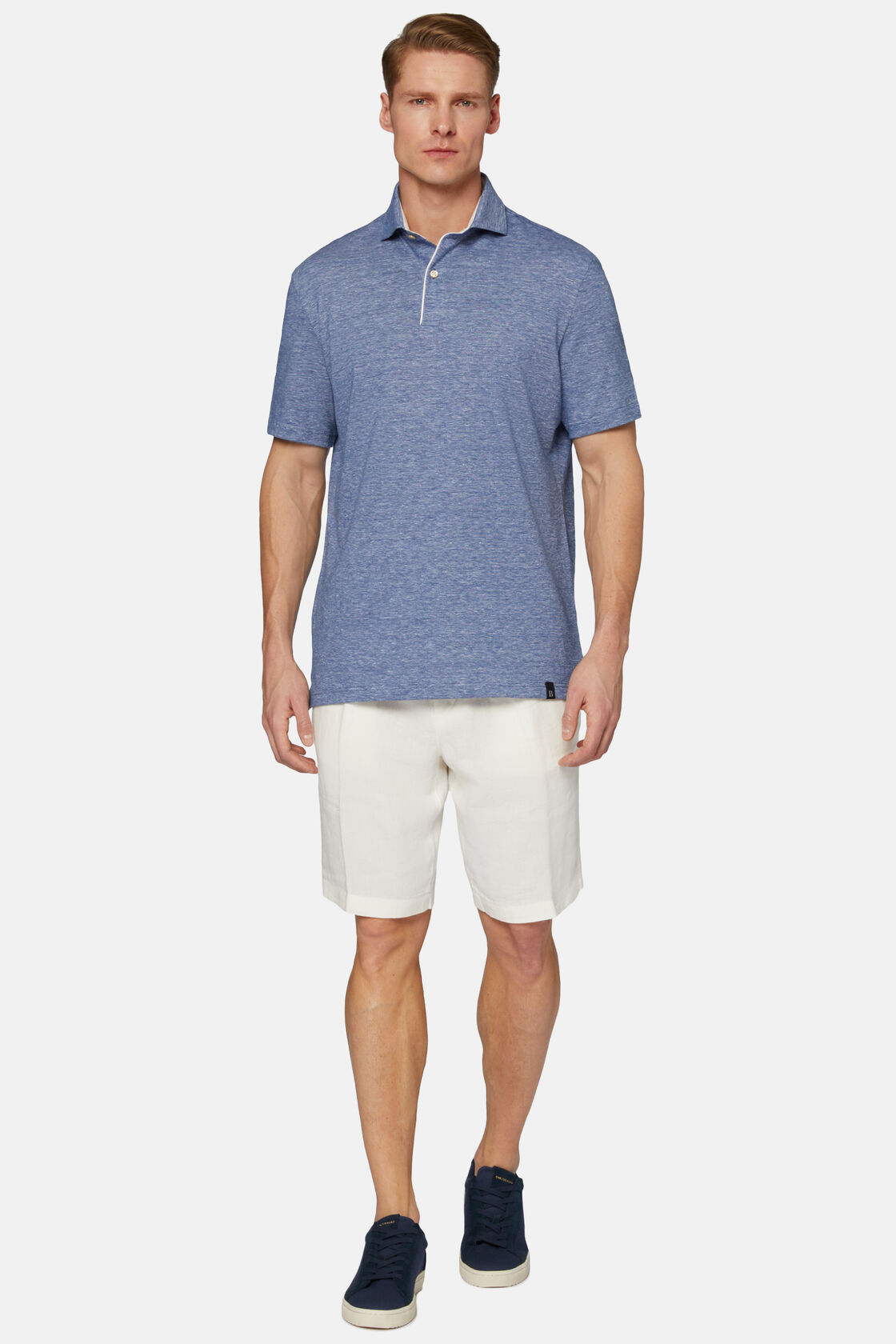 Cotton/Linen Piqué Polo Shirt, Blue, hi-res