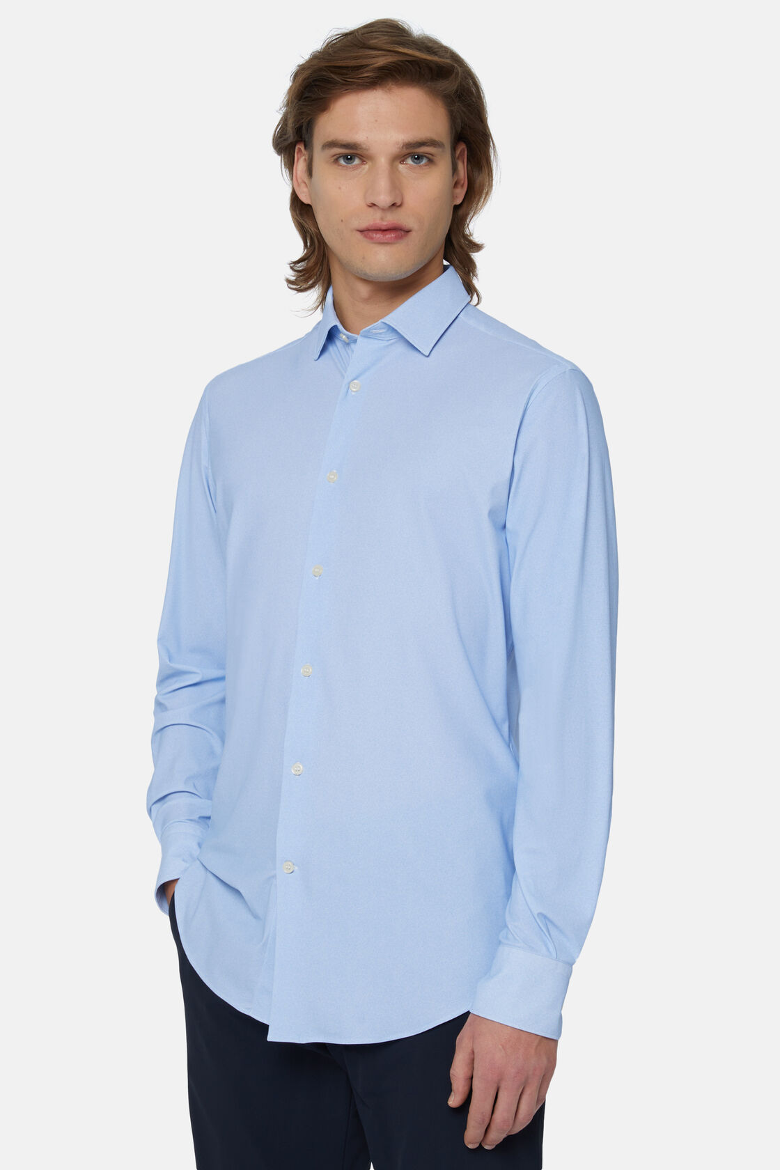Camisa Celeste De Nailon Elástico Slim Fit, Azul claro, hi-res