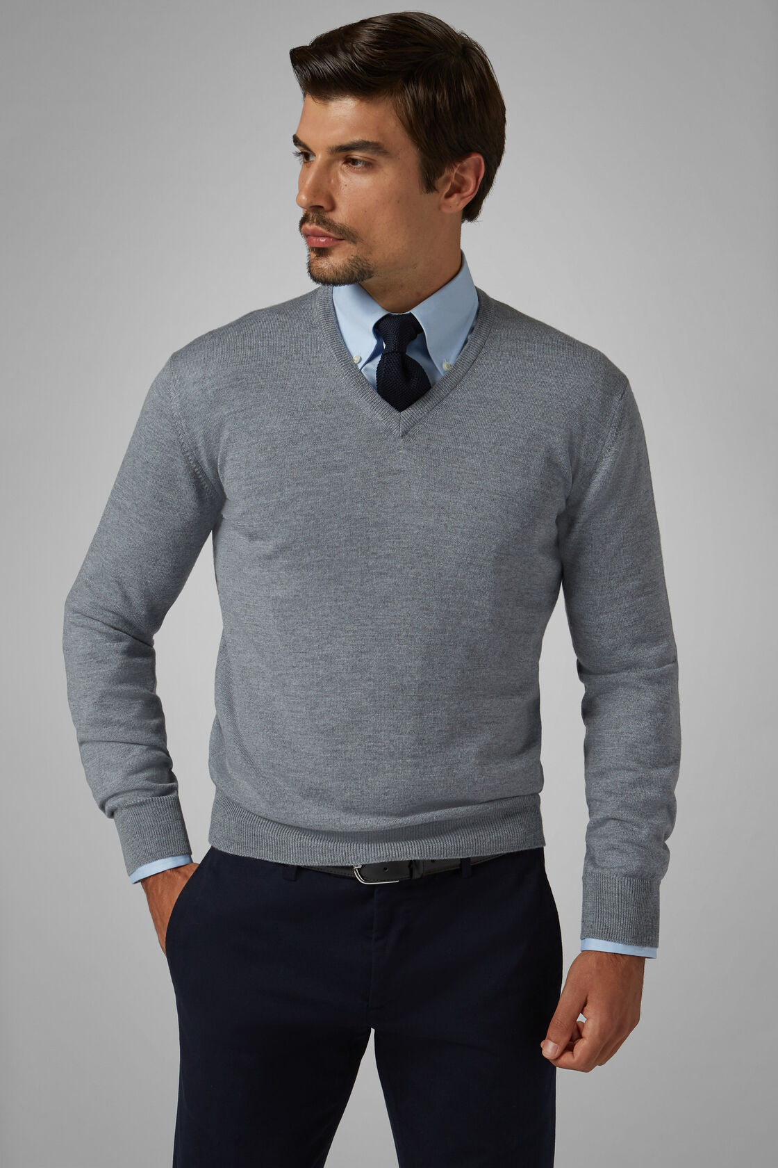 Grey Merino Wool V-neck Pullover, , hi-res