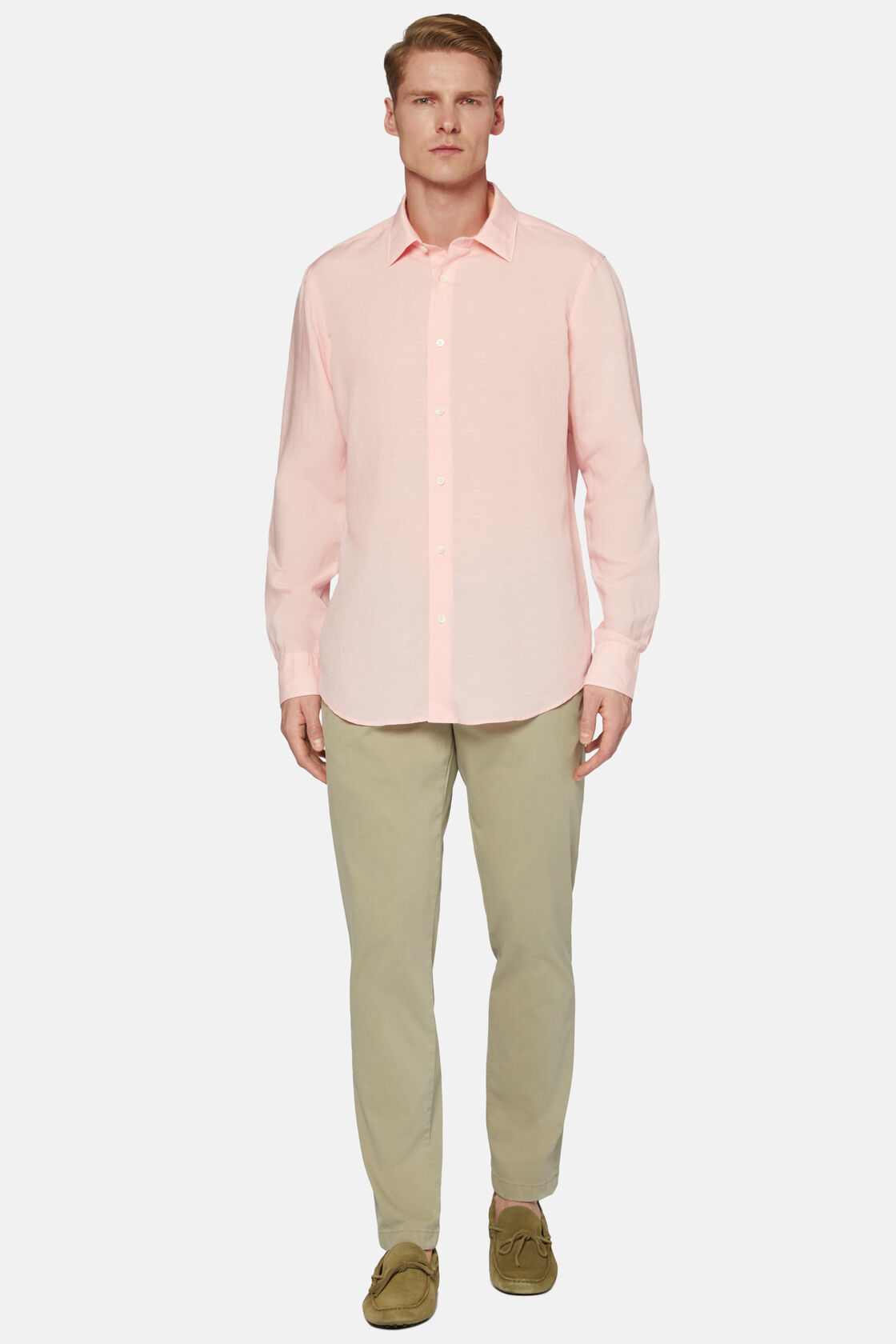 Różowa koszula z tencelu i lnu, fason klasyczny, Pink, hi-res