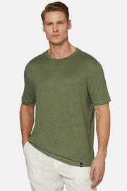 T-Shirt In Jersey Di Lino Stretch Elasticizzato, Militare, hi-res