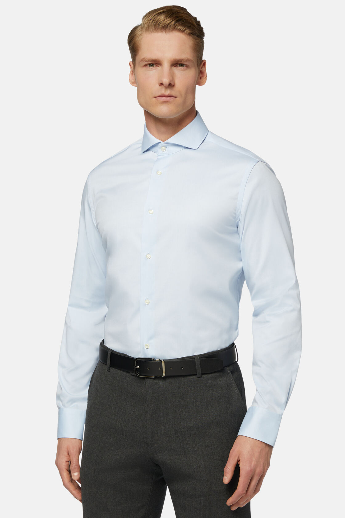 Camicia azzurra in pin point di cotone slim fit, Azzurro, hi-res