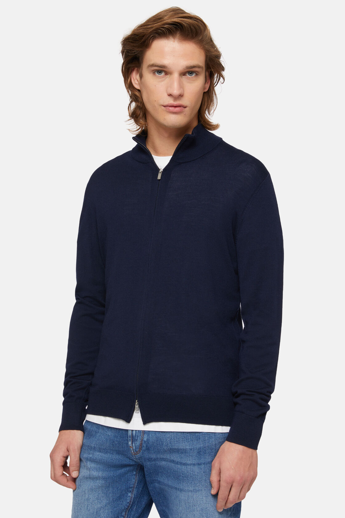 Navy Merino Wool Full Zip Jumper, Navy blue, hi-res