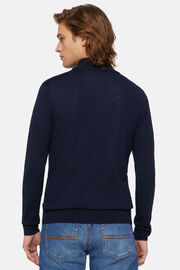 Camisola de fecho de correr inteiro em lã de merino azul marinho, Navy blue, hi-res