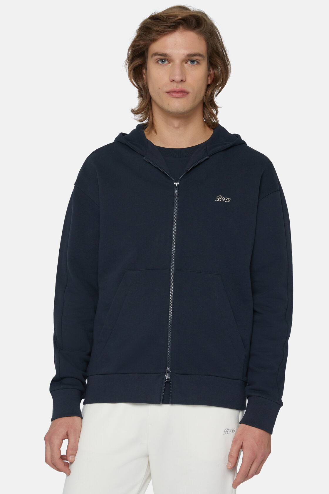 Full Zip Sweatshirt In Organic Cotton Blend, Navy blue, hi-res