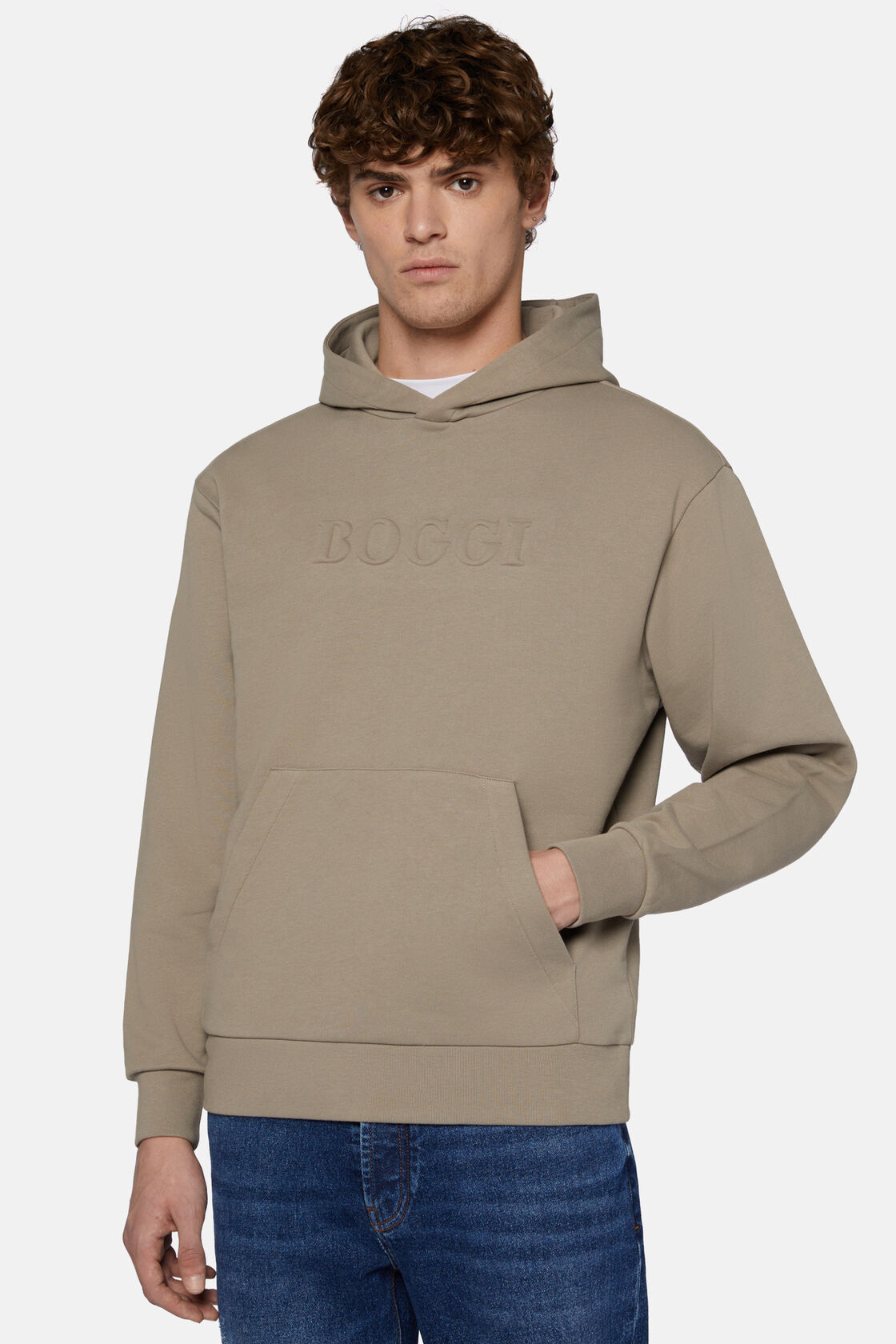Hooded Sweatshirt in Cotton, Taupe, hi-res