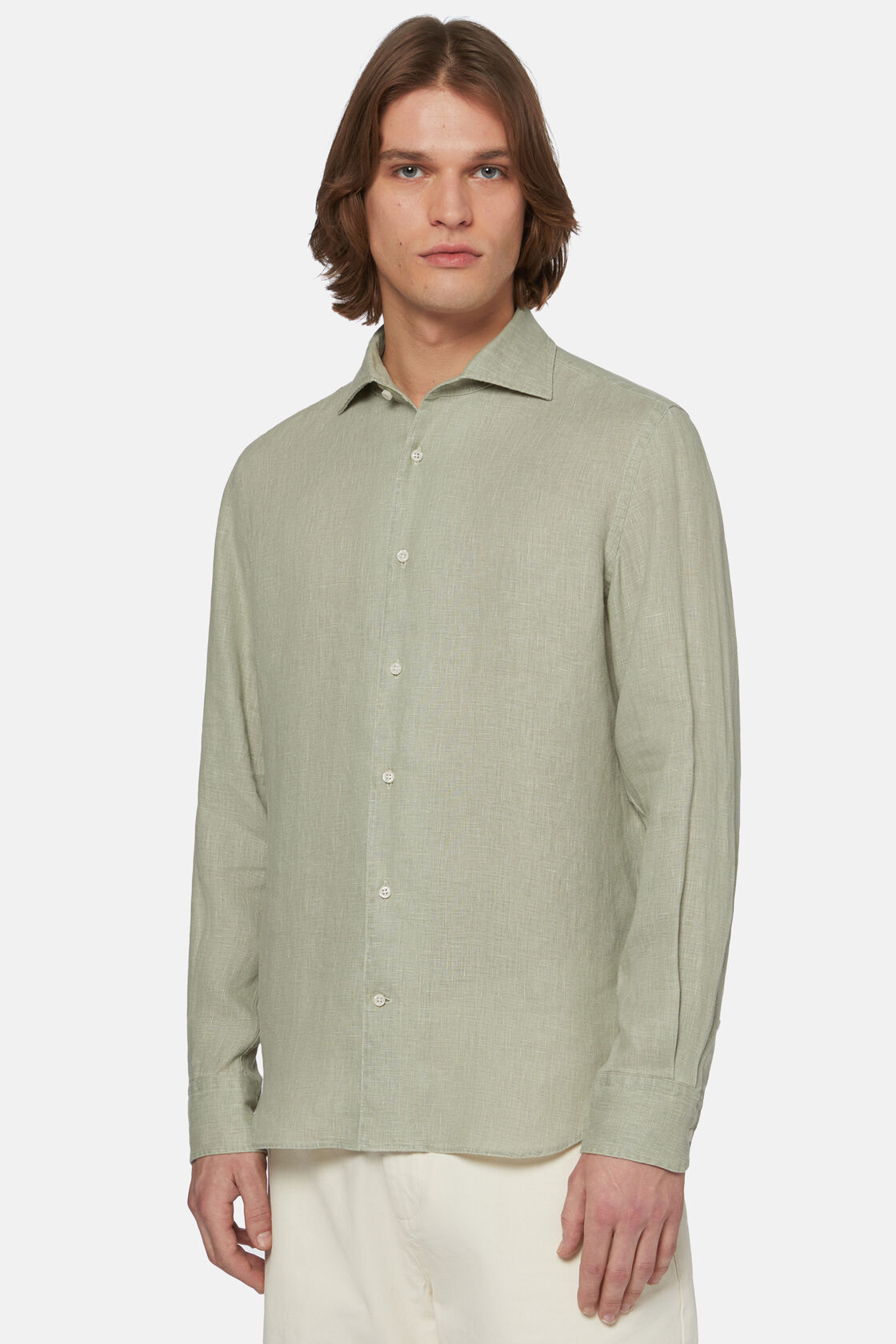 Λινό πουκάμισο με κανονική εφαρμογή, σε χακί χρώμα, Military Green, hi-res
