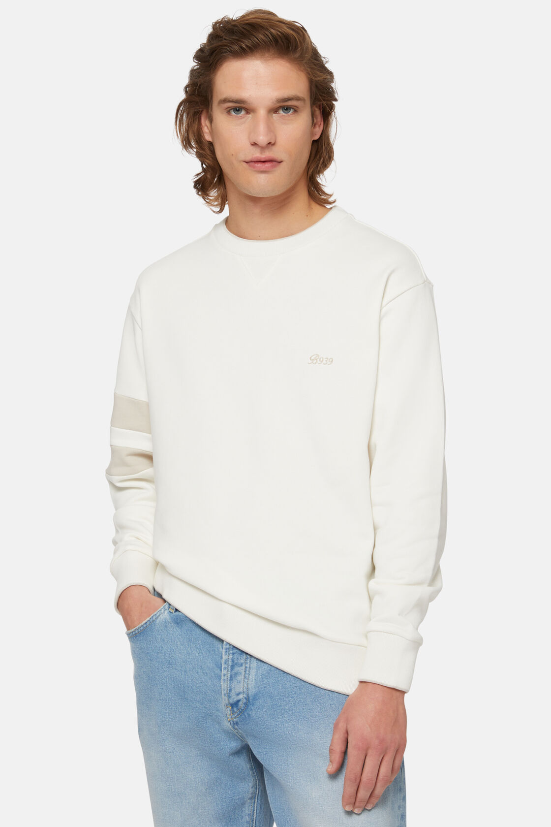 Sweatshirt com decote rente ao pescoço de mistura de algodão orgânico, White, hi-res