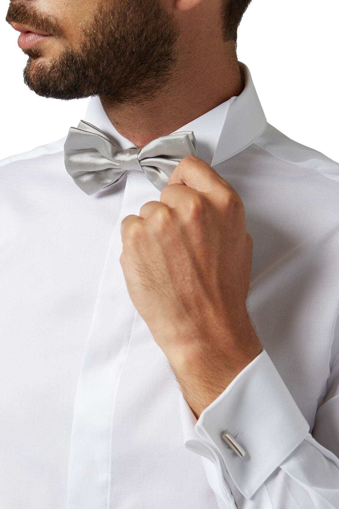 Silver Knotted Silk Bow Tie, Silver, hi-res
