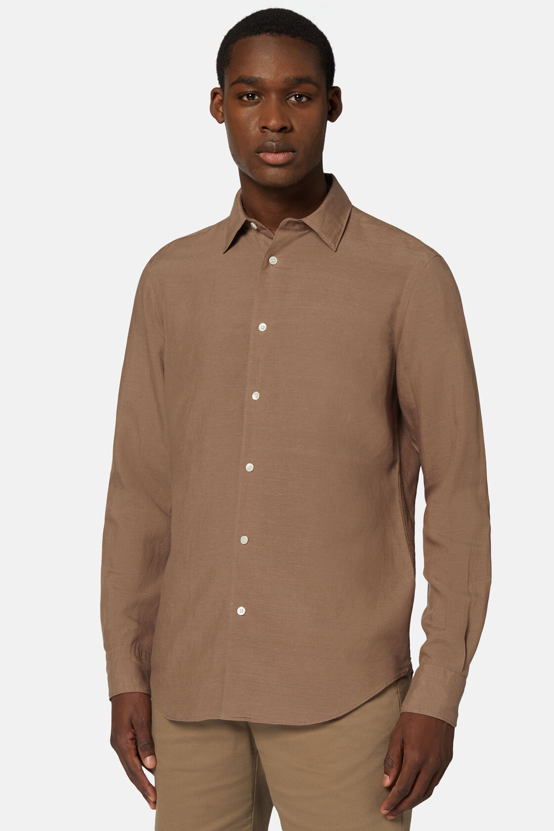 Brązowa koszula z tencelu i lnu, klasyczny fason, Brown, hi-res