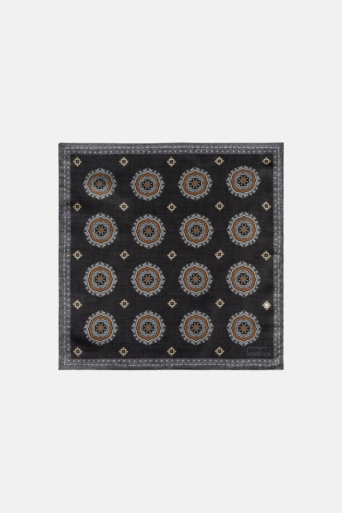 Silk Pocket square with Medalions Motif, Dark Grey, hi-res