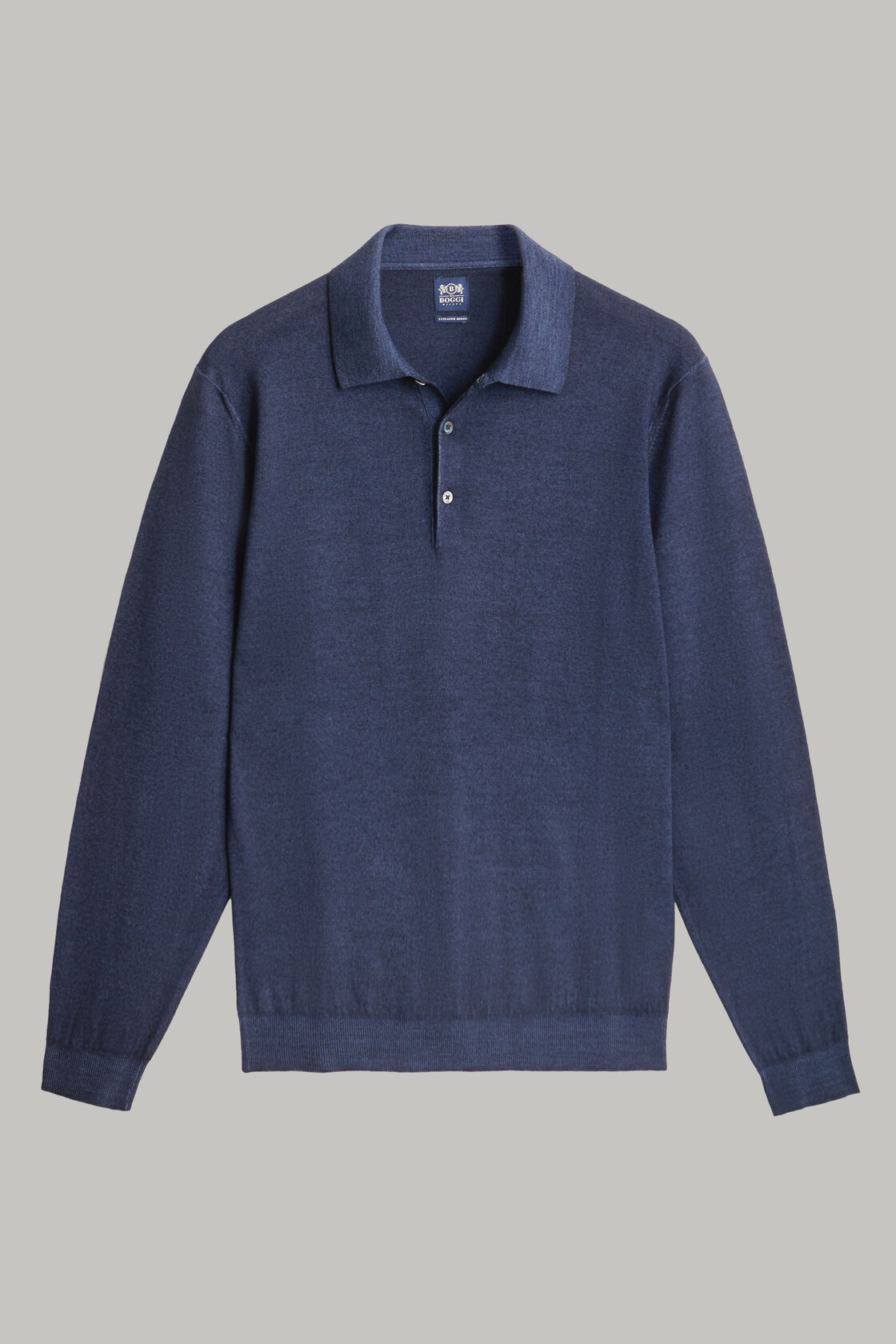 Navy merino wool knitted polo shirt, , hi-res