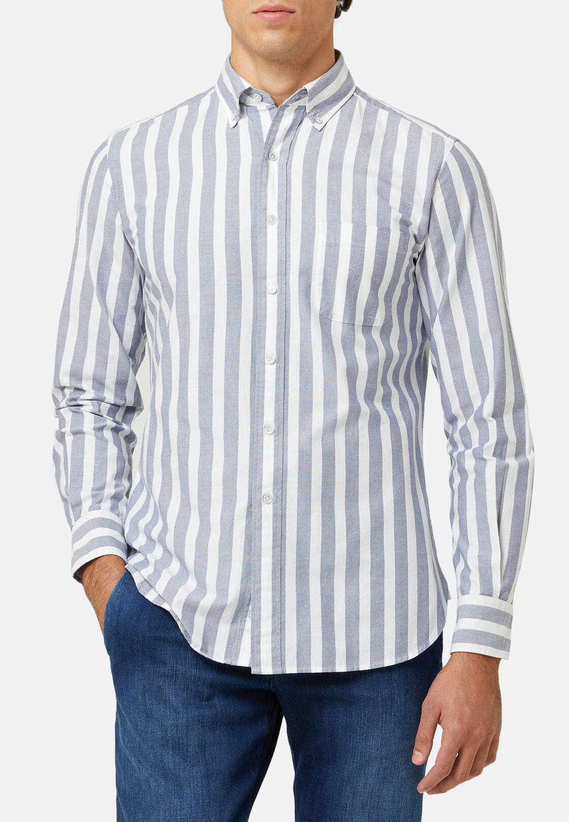 Regular fit blue striped cotton shirt, Blue, hi-res