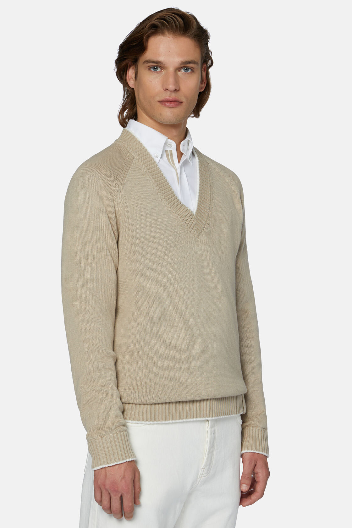 Beżowy sweter z bawełny organicznej z dekoltem w serek, Beige, hi-res