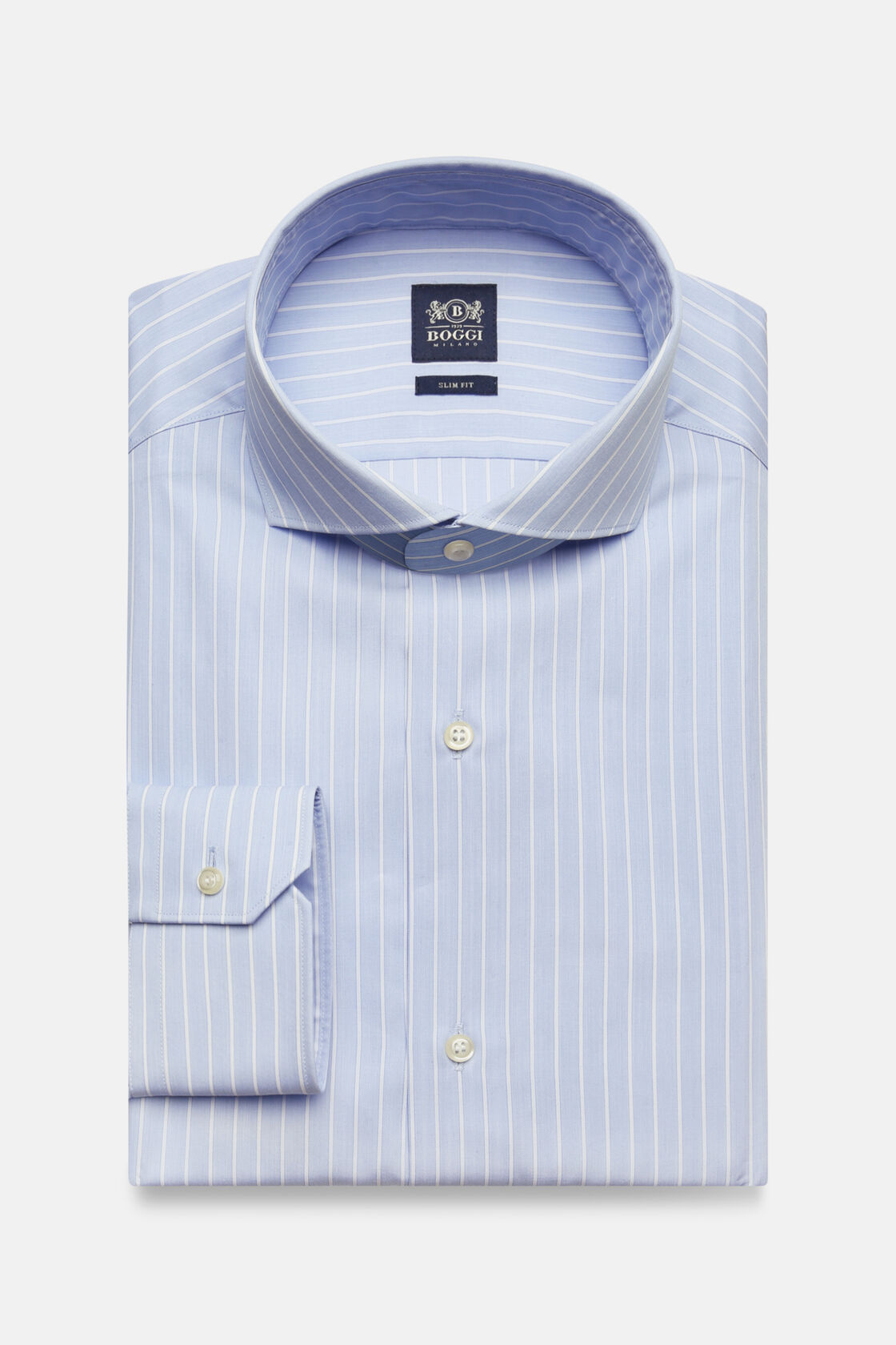Slim fit sky blue striped cotton twill shirt, Light Blu, hi-res