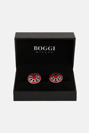 Circular cufflinks with flower, Red, hi-res