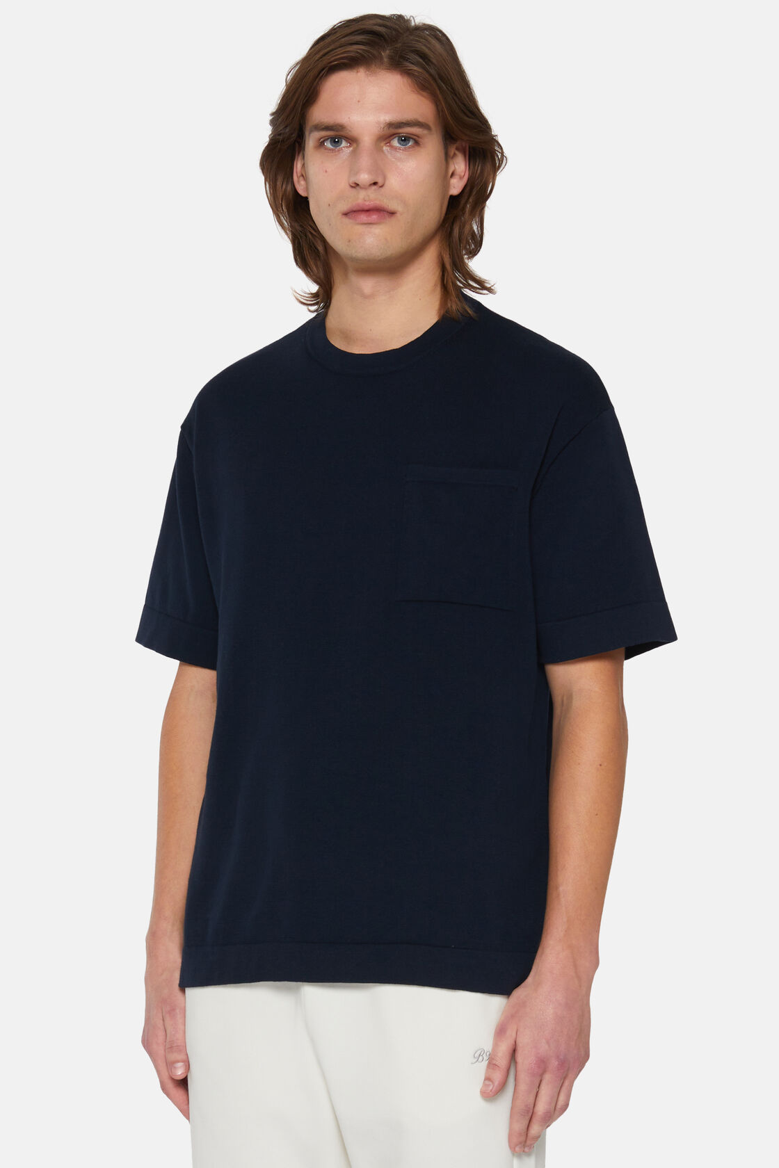 Granatowa dzianinowa koszulka z bawełny pima, Navy blue, hi-res