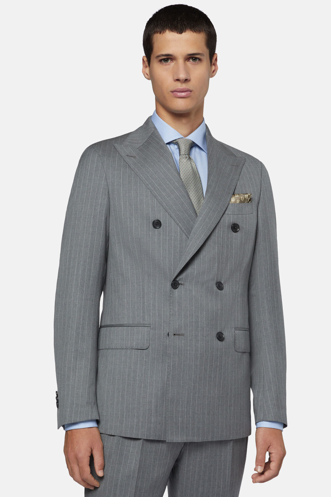 Kétsoros szürke csíkos öltöny tiszta gyapjúból, Grey, hi-res