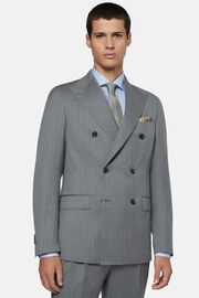 Double-Breasted Grey Pinstripe Suit In Pure Wool, Grey, hi-res