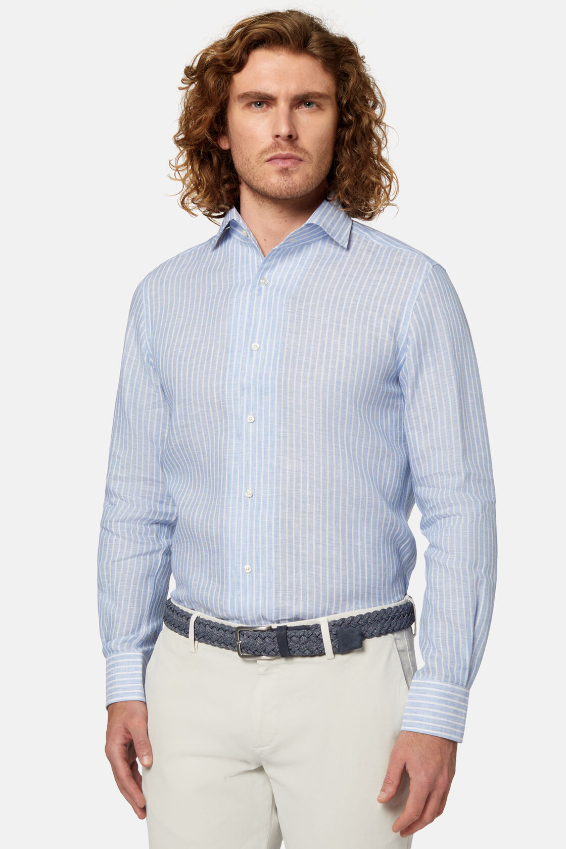 Camicia A Righe Azzurre In Lino Regular Fit, Azzurro, hi-res