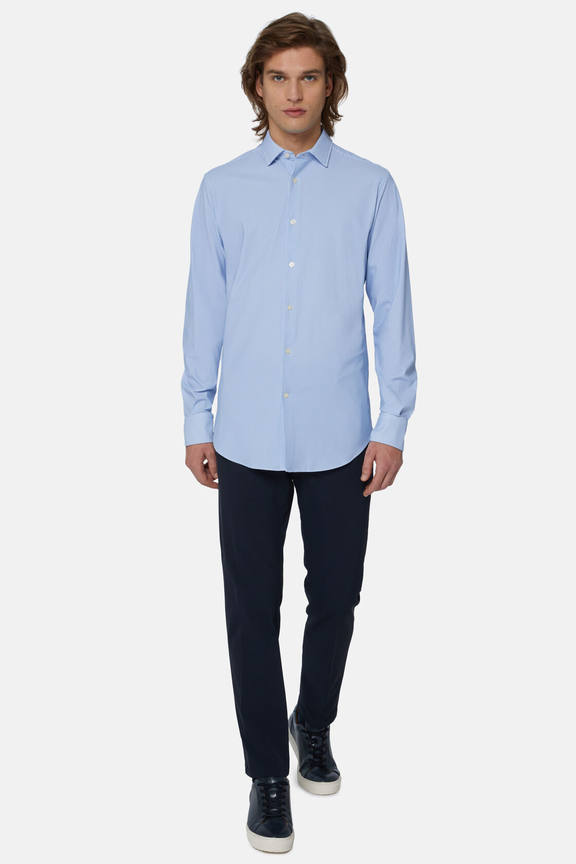 Camisa de nylon elástico azul celeste de ajuste slim, Light Blue, hi-res