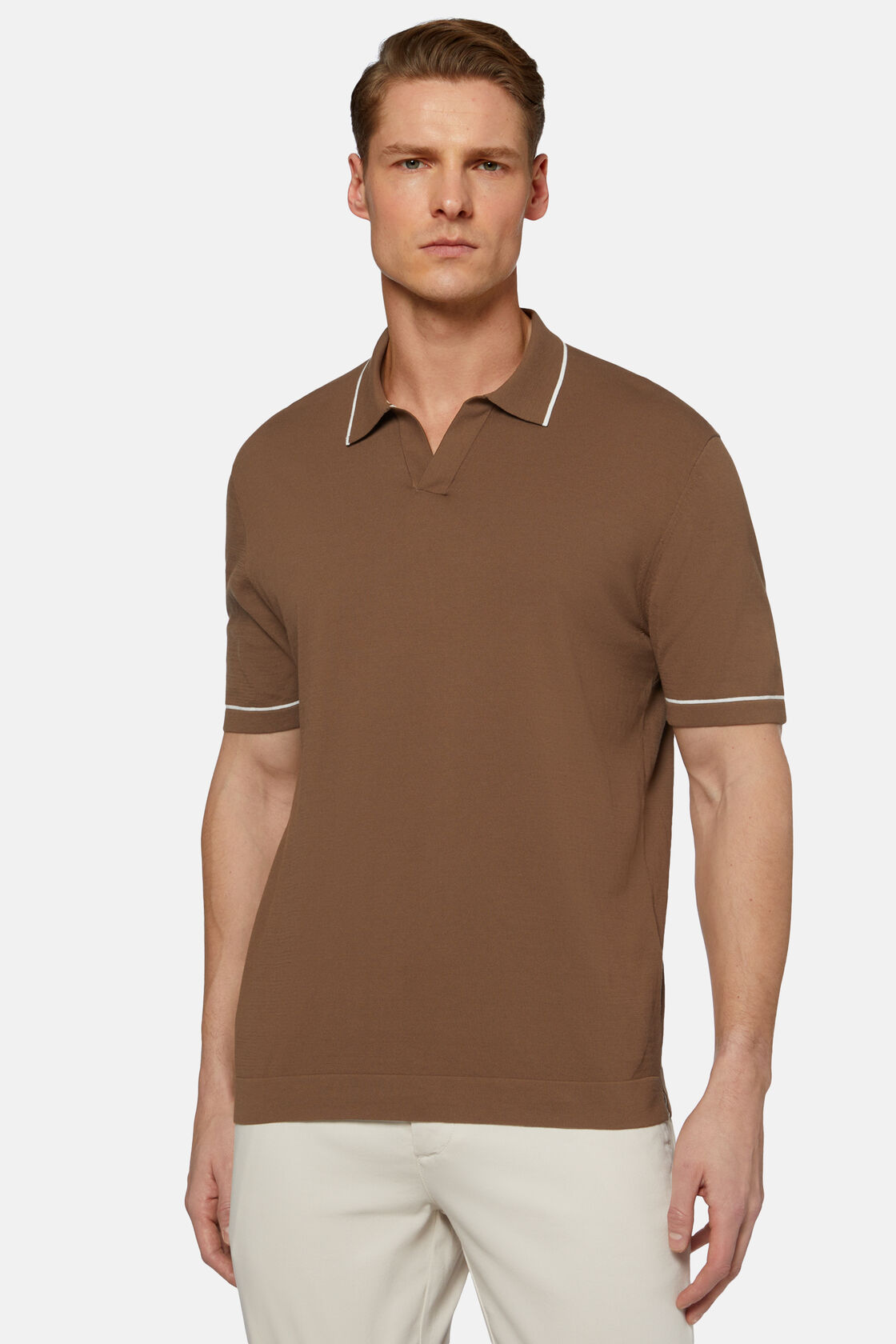Braunes Strick-Poloshirt Aus Baumwollkrepp, Braun, hi-res