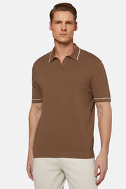Brown Cotton Crepe Knit Polo Shirt, Brown, hi-res