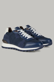 Natural sneakers in technical fabric and leather, Navy blue, hi-res