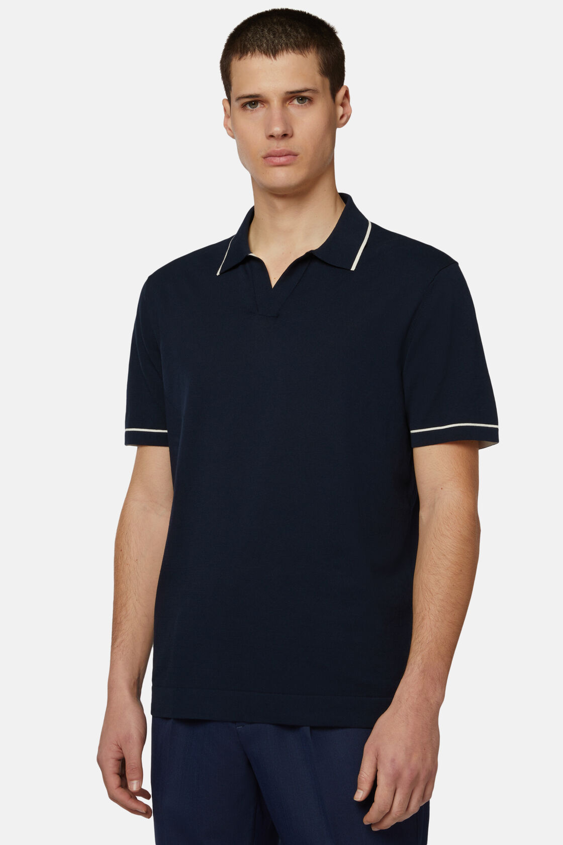 Navy Cotton Crepe Knit Polo Shirt, Navy blue, hi-res