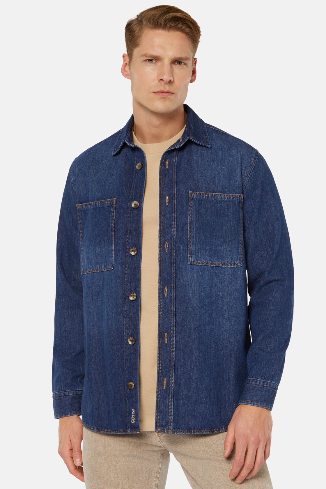 Cotton Denim Overshirt, Medium Blue, hi-res