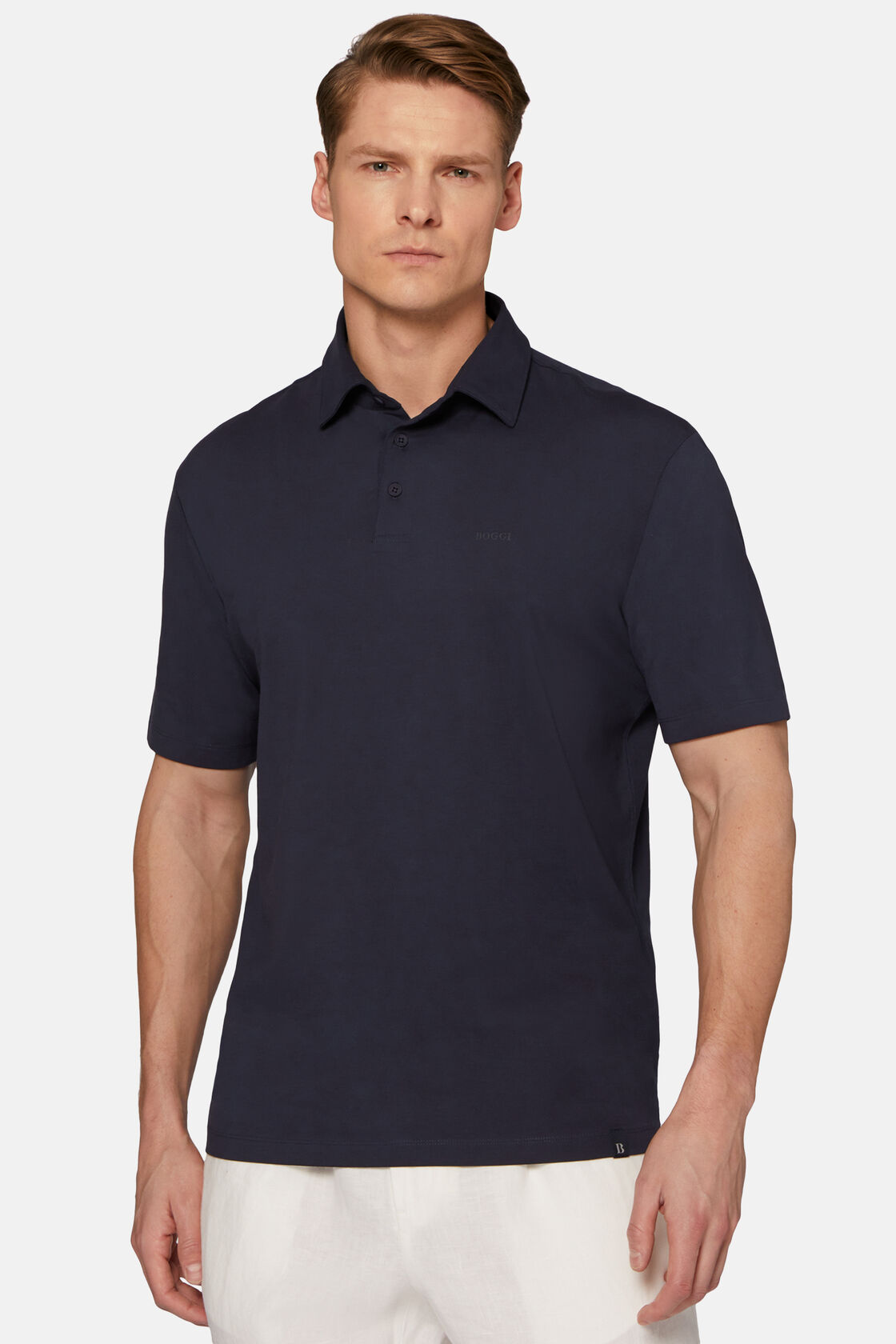 Poloshirt in stretch supima katoen, Navy blue, hi-res