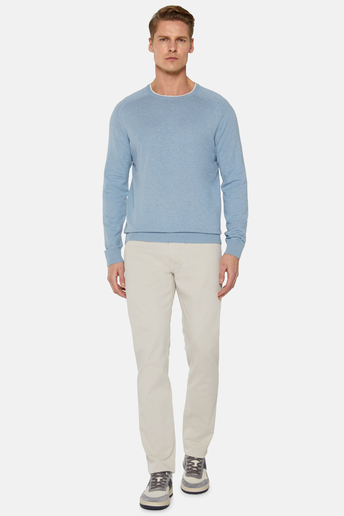 Sky Blue Crew Neck Jumper in Cotton, Silk and Cashmere, Light Blue, hi-res