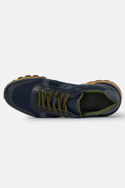 Navy Trainers in Leather AND Technical Fabric, Navy blue, hi-res