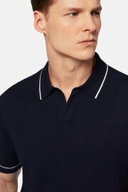 Navy Cotton Crepe Knit Polo Shirt, Navy blue, hi-res