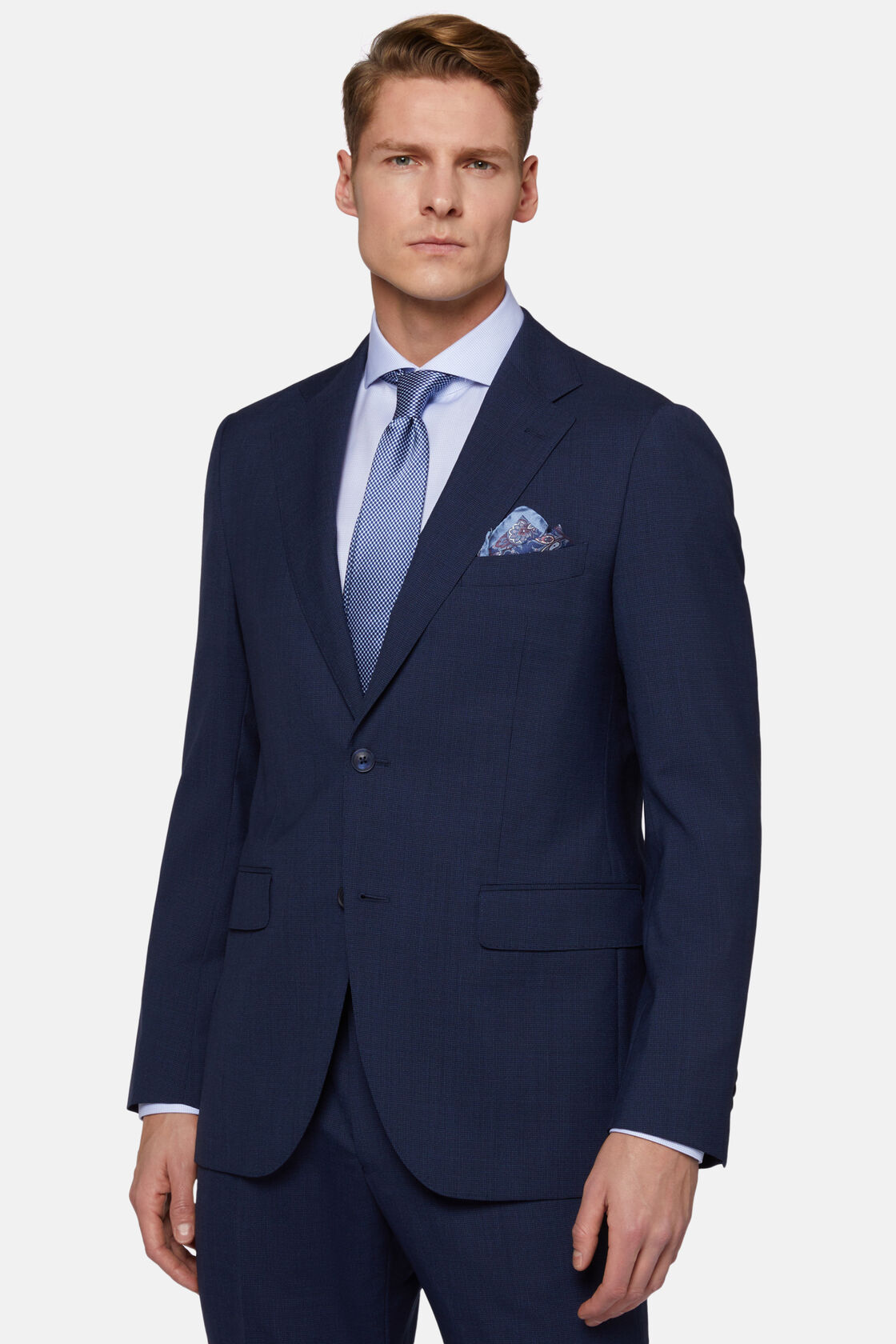 Blue Micro Pattern Suit in Pure Wool, Blue, hi-res