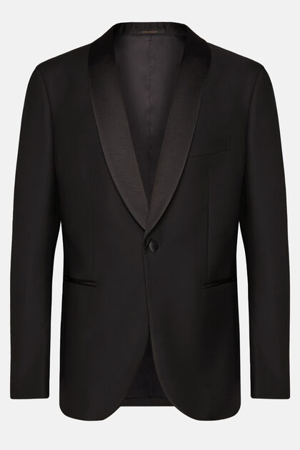 Black Wool Tuxedo Jacket with Shawl Collar, Black, hi-res