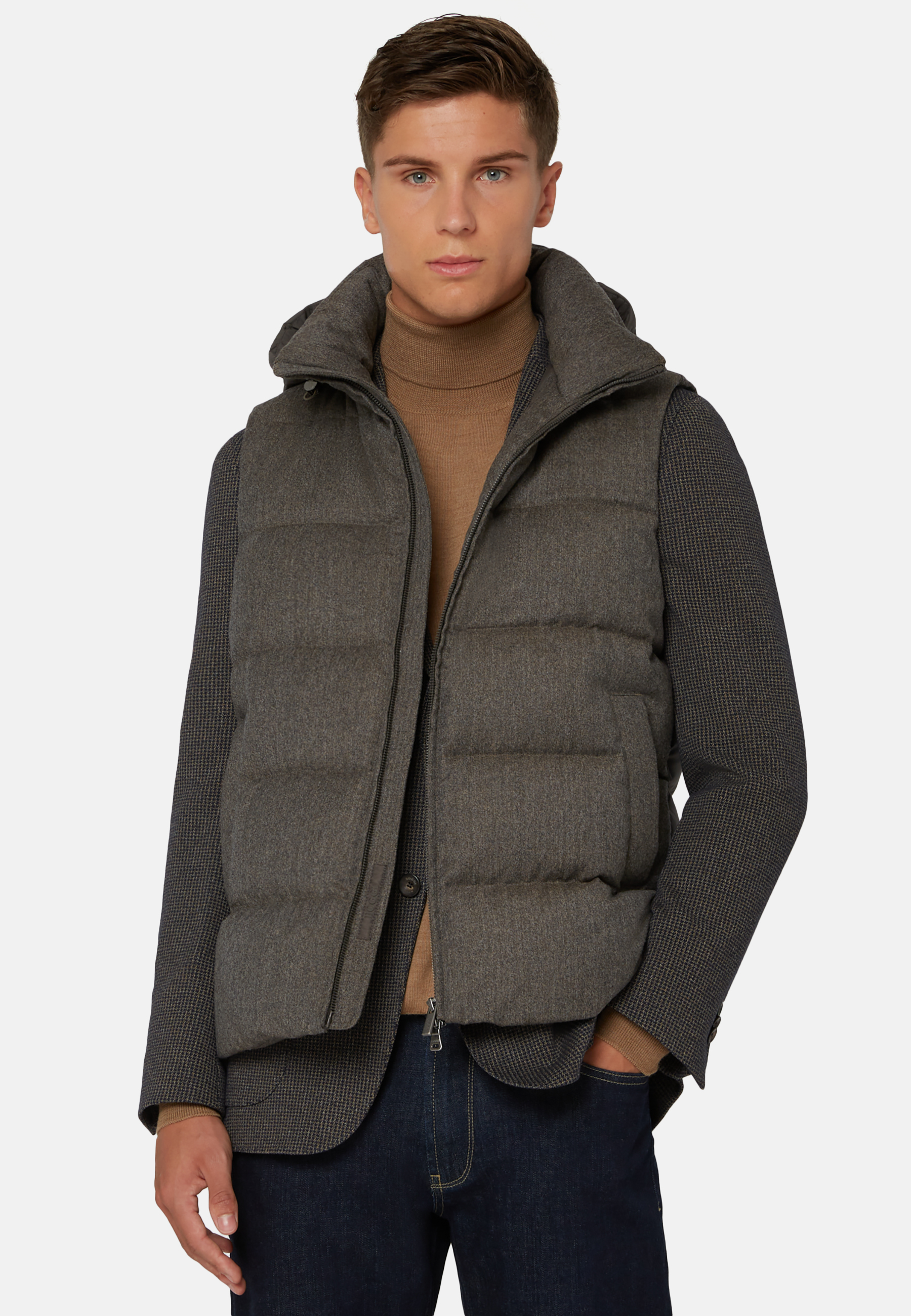 Men's Down-Filled Flannel Gilet With Hood | Boggi Milano