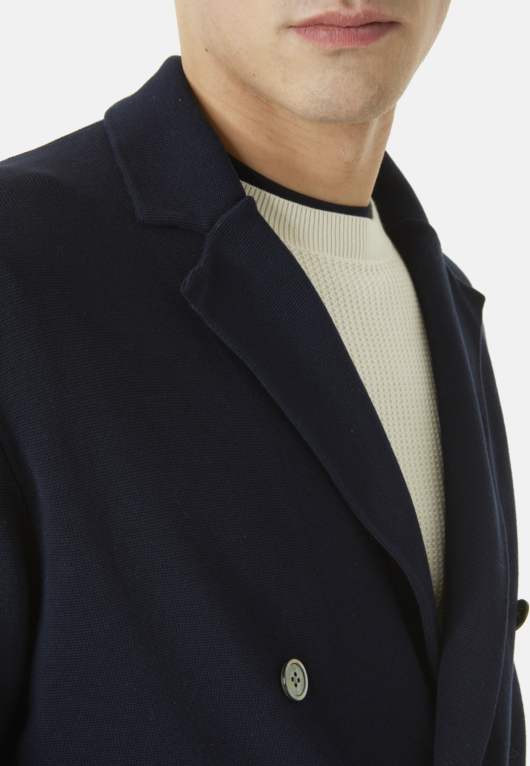 Navy Crêpe Cotton Knitted Double-Breasted Jacket | Boggi