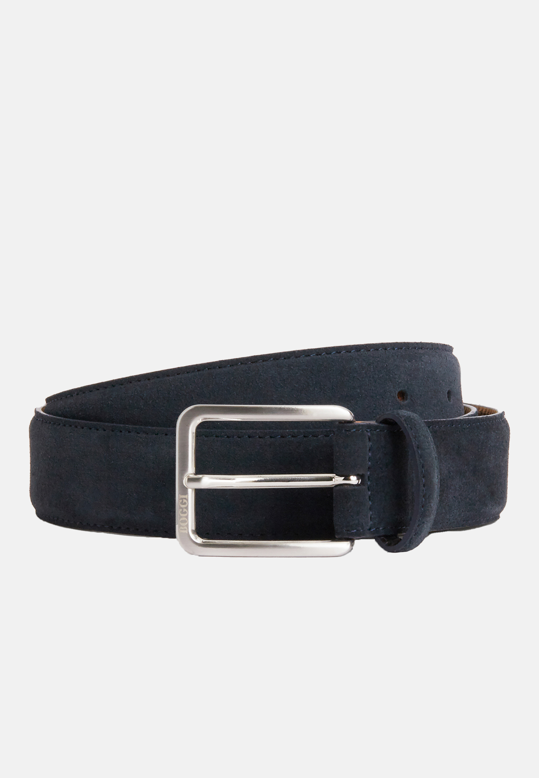 Reversible belt in navy blue suede and white tumbled leather