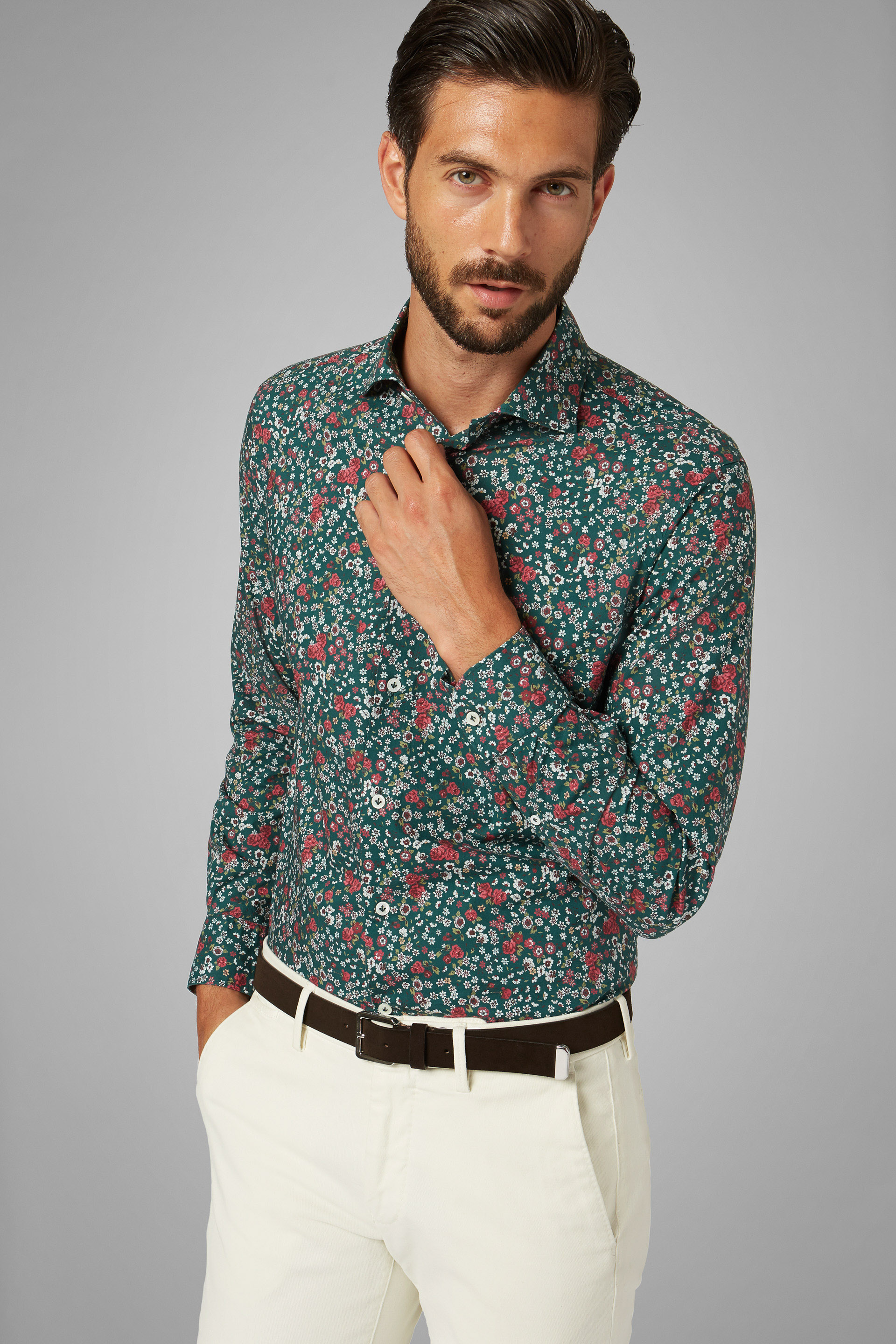 Slim Fit Dark Green Floral Print Shirt With Florence Collar
