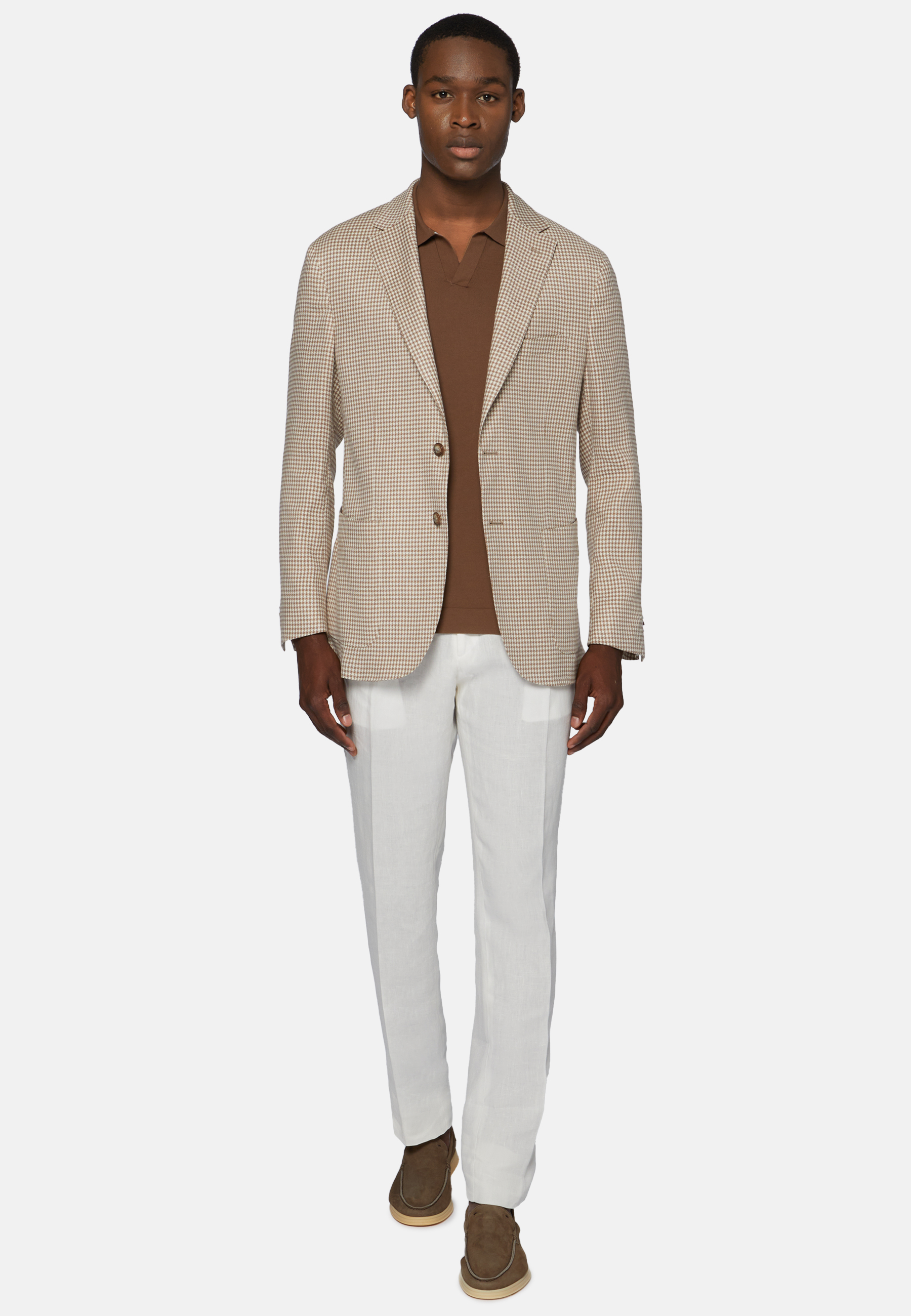 Men's Dove Grey Houndstooth Jacket In Stretch Linen | Boggi Milano